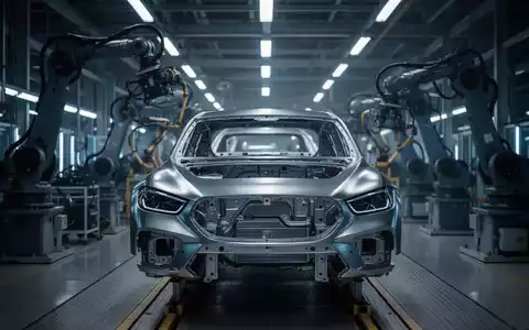 Ein modernes Montageband in einer Automobilfabrik mit verschwommenen Maschinen und dem Rahmen eines Luxuswagens. - Foto: über boerse-global.de