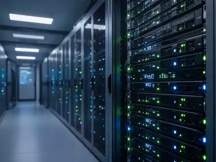 Moderner, schwach beleuchteter Serverraum mit blauen Statusleuchten, die Cloud-Infrastruktursicherheit darstellen. - Foto: über boerse-global.de