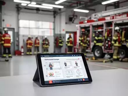Ein Tablet mit Informationen zur Arbeitssicherheit in einer modern gestalteten Feuerwehrwache. - Foto: über boerse-global.de