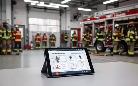 Ein Tablet mit Informationen zur Arbeitssicherheit in einer modern gestalteten Feuerwehrwache. - Foto: über boerse-global.de