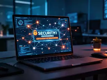 Laptop-Bildschirm in dunklem Büro mit Sicherheitswarnungen und Netzwerkverbindungen, symbolisiert Cyber-Bedrohungen. - Foto: über boerse-global.de