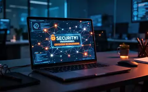 Laptop-Bildschirm in dunklem Büro mit Sicherheitswarnungen und Netzwerkverbindungen, symbolisiert Cyber-Bedrohungen. - Foto: über boerse-global.de