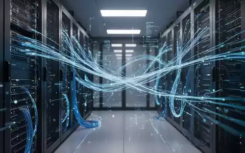 Abstraktes Bild eines modernen Rechenzentrums mit leuchtenden Glasfaserkabeln und digitalen Datenströmen. - Foto: über boerse-global.de