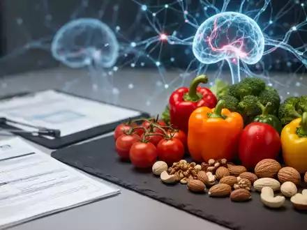 Frisches Gemüse und Nüsse auf einer dunklen Oberfläche neben medizinischen Unterlagen als Symbol für gesunde Ernährung. - Foto: über boerse-global.de