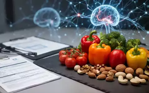 Frisches Gemüse und Nüsse auf einer dunklen Oberfläche neben medizinischen Unterlagen als Symbol für gesunde Ernährung. - Foto: über boerse-global.de