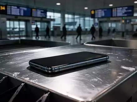 Ein Smartphone liegt auf einem metallischen Tisch bei einer Sicherheitskontrolle an einem Flughafen. - Foto: über boerse-global.de