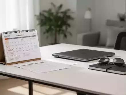 Schreibtisch mit Kalender, Laptop und Sonnenbrille als Symbol für die Balance zwischen Urlaub und Berufsleben. - Foto: über boerse-global.de