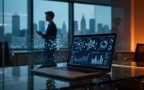 Ein moderner Laptop mit abstrakten Datenvisualisierungen auf einem Schreibtisch in einem Büro vor einer Skyline. - Foto: über boerse-global.de