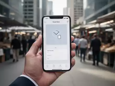 Ein Smartphone in einer Hand auf einem belebten Marktplatz, symbolisch für Betrug mit gefälschten Mobiltelefonen. - Foto: über boerse-global.de