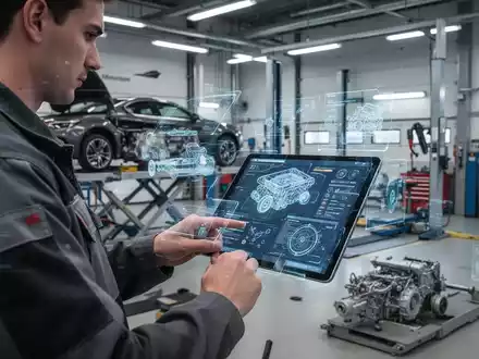 Ein Kfz-Mechatroniker nutzt ein Tablet für digitale Fahrzeugdiagnose in einer modernen deutschen Werkstatt. - Foto: über boerse-global.de