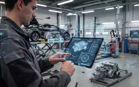 Ein Kfz-Mechatroniker nutzt ein Tablet für digitale Fahrzeugdiagnose in einer modernen deutschen Werkstatt. - Foto: über boerse-global.de