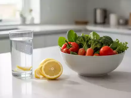 Ein Glas Wasser mit Zitronenscheiben und frisches Gemüse auf einem hellen Küchentisch als Symbol für gesunde Ernährung. - Foto: über boerse-global.de