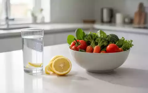 Ein Glas Wasser mit Zitronenscheiben und frisches Gemüse auf einem hellen Küchentisch als Symbol für gesunde Ernährung. - Foto: über boerse-global.de