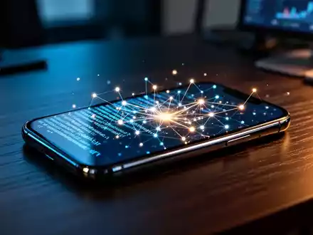 Ein Smartphone auf einem Schreibtisch zeigt abstrakt fließende digitale Datenströme als Symbol für eine Sicherheitslücke. - Foto: über boerse-global.de