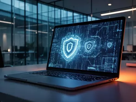 Bildschirm eines Laptops mit Binärcode und Cybersicherheitsgrafiken in einem dunklen, modernen Büro. - Foto: über boerse-global.de