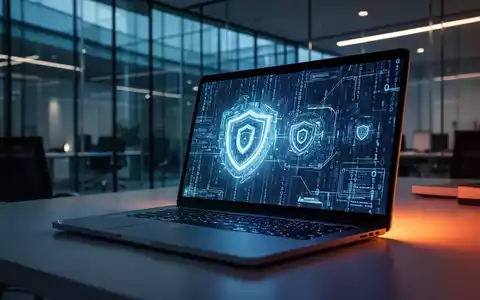 Bildschirm eines Laptops mit Binärcode und Cybersicherheitsgrafiken in einem dunklen, modernen Büro. - Foto: über boerse-global.de