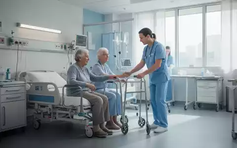 Eine Physiotherapeutin unterstützt einen älteren Patienten bei einer Sturzpräventionsübung in einem modernen Krankenhaus. - Foto: über boerse-global.de