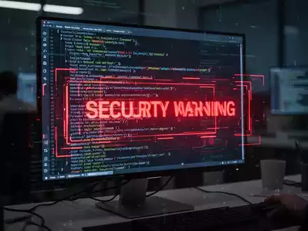 Ein beleuchteter Computerbildschirm in einem dunklen Büro zeigt Code und eine digitale Sicherheitswarnung. - Foto: über boerse-global.de