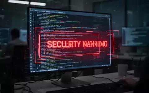 Ein beleuchteter Computerbildschirm in einem dunklen Büro zeigt Code und eine digitale Sicherheitswarnung. - Foto: über boerse-global.de