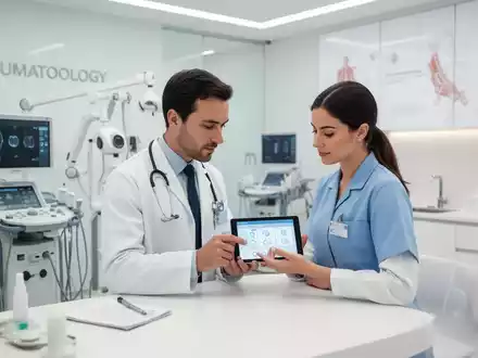 Arzt und medizinische Fachkraft besprechen gemeinsam die digitale Praxisorganisation in einer modernen Rheumatologie. - Foto: über boerse-global.de