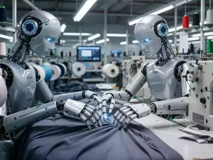 Ein humanoider Roboter bedient Textilmaschinen an einer modernen Fertigungsstraße. - Foto: über boerse-global.de