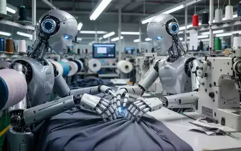 Ein humanoider Roboter bedient Textilmaschinen an einer modernen Fertigungsstraße. - Foto: über boerse-global.de