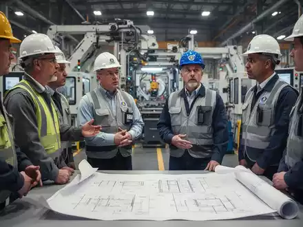 Industriearbeiter und Gewerkschaftsvertreter bei einer Diskussionsrunde über die Umstellung der Produktion. - Foto: über boerse-global.de