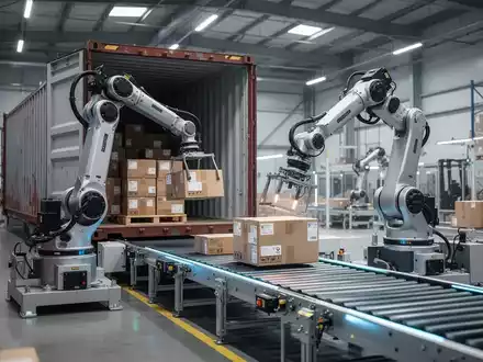 Ein moderner Industrieroboter entlädt vollautomatisch Pakete aus einem Überseecontainer in einem Logistikzentrum. - Foto: über boerse-global.de