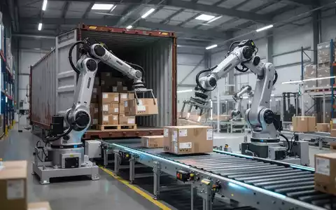 Ein moderner Industrieroboter entlädt vollautomatisch Pakete aus einem Überseecontainer in einem Logistikzentrum. - Foto: über boerse-global.de