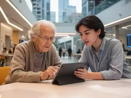 Eine ältere Person und ein junger Erwachsener nutzen gemeinsam ein Tablet in einem modernen, hellen Gemeinschaftsraum. - Foto: über boerse-global.de