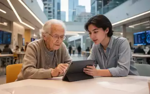 Eine ältere Person und ein junger Erwachsener nutzen gemeinsam ein Tablet in einem modernen, hellen Gemeinschaftsraum. - Foto: über boerse-global.de
