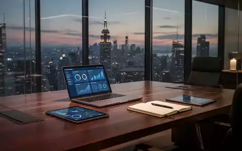 Ein moderner, minimalistischer Schreibtisch in einem BĂŒro mit Blick auf eine nĂ€chtliche Stadt, fokussiert auf ProduktivitĂ€t. - Foto: ĂŒber boerse-global.de