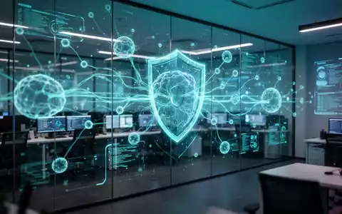 Digitale Visualisierung eines KI-gestützten Cybersicherheits-Frameworks mit Datenströmen und vernetzten Knotenpunkten. - Foto: über boerse-global.de