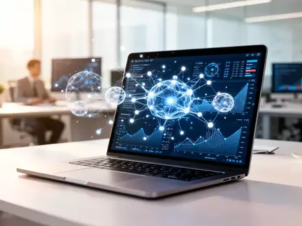 Ein moderner Büroarbeitsplatz mit einem Laptop, auf dem komplexe Datenvisualisierungen und KI-Strukturen zu sehen sind. - Foto: über boerse-global.de