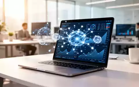 Ein moderner Büroarbeitsplatz mit einem Laptop, auf dem komplexe Datenvisualisierungen und KI-Strukturen zu sehen sind. - Foto: über boerse-global.de