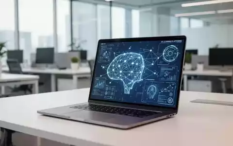 Moderner Büroarbeitsplatz mit Laptop, auf dem eine digitale Lernplattform und KI-Strukturen visualisiert werden. - Foto: über boerse-global.de
