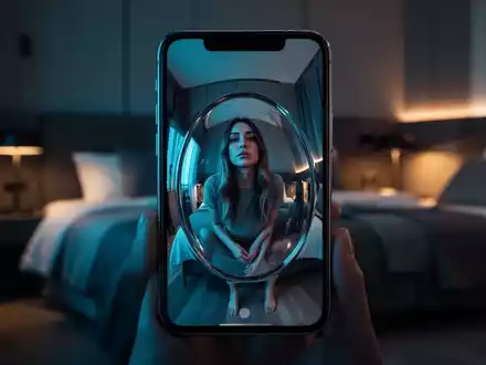 Ein Smartphone-Display zeigt eine verzerrte Spiegelung einer Person, die den psychologischen Druck durch soziale Medien symbolisiert. - Foto: über boerse-global.de