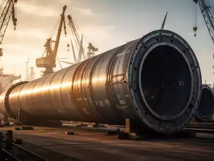Ein massives Stahlfundament für Offshore-Windkraftanlagen in einem Rostocker Hafen bei Sonnenuntergang. - Foto: über boerse-global.de