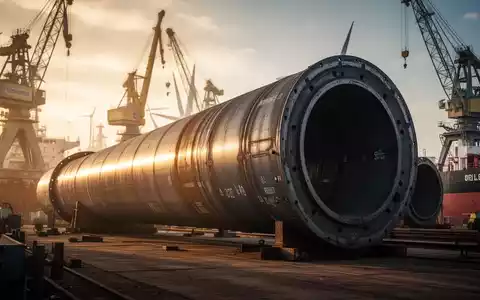 Ein massives Stahlfundament für Offshore-Windkraftanlagen in einem Rostocker Hafen bei Sonnenuntergang. - Foto: über boerse-global.de