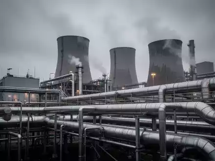 Moderne Industrieanlage in Deutschland mit rauchenden Schornsteinen vor bewölktem Himmel. - Foto: über boerse-global.de
