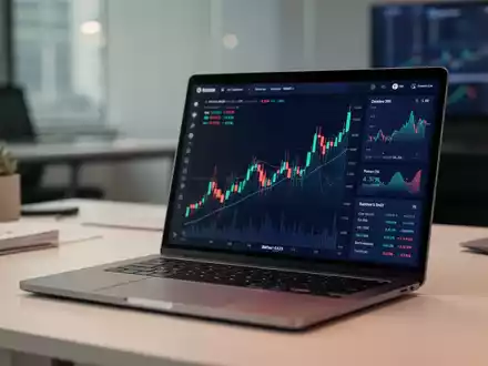 Moderner Laptop-Bildschirm mit Finanzdaten und Aktiencharts in professionellem Büroumfeld. - Foto: über boerse-global.de