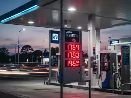 Digitale Preisanzeige an einer Tankstelle bei Dämmerung mit hohen Kraftstoffpreisen. - Foto: über boerse-global.de