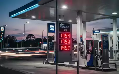 Digitale Preisanzeige an einer Tankstelle bei Dämmerung mit hohen Kraftstoffpreisen. - Foto: über boerse-global.de