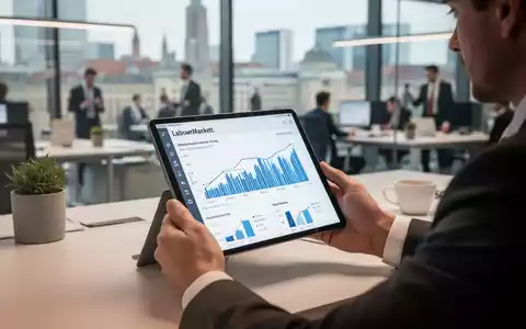 Eine Person betrachtet digitale Arbeitsmarktstatistiken auf einem Tablet in einem modernen Büro. - Foto: über boerse-global.de