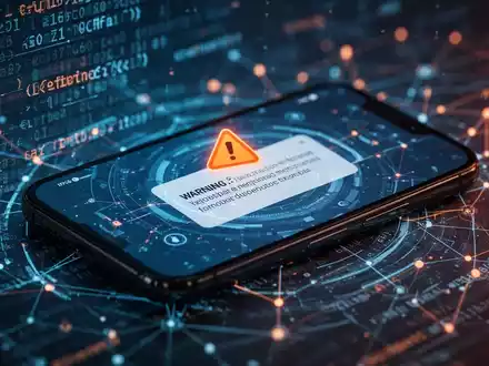 Ein Smartphone mit einer Sicherheitswarnung vor einem unscharfen Hintergrund aus digitalem Code und Netzwerkmustern. - Foto: über boerse-global.de