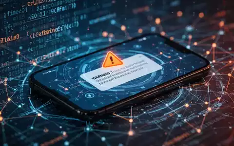Ein Smartphone mit einer Sicherheitswarnung vor einem unscharfen Hintergrund aus digitalem Code und Netzwerkmustern. - Foto: über boerse-global.de