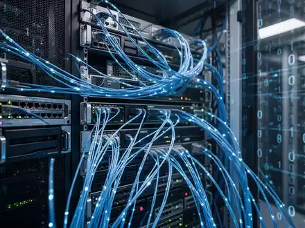 Moderne Serveranlage mit blau leuchtenden Datenkabeln als Symbol für digitale Sicherheit und Cyberschutz. - Foto: über boerse-global.de