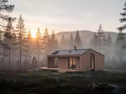 Eine einsame Holzhütte in einem nebligen Nadelwald bei Sonnenaufgang als Symbol für Erholung und Lebenswandel. - Foto: über boerse-global.de