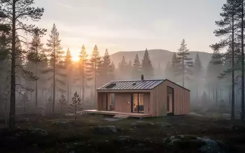 Eine einsame Holzhütte in einem nebligen Nadelwald bei Sonnenaufgang als Symbol für Erholung und Lebenswandel. - Foto: über boerse-global.de