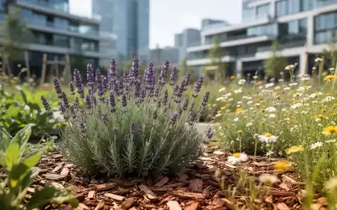 Gesunde Lavendelpflanzen und Wildblumen in einem mit Mulch bedeckten Bodenbeet in einer nachhaltigen Stadtumgebung. - Foto: über boerse-global.de